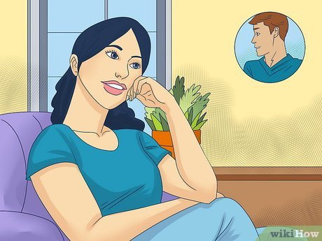 An illustration of a woman sitting and thinking of a man.